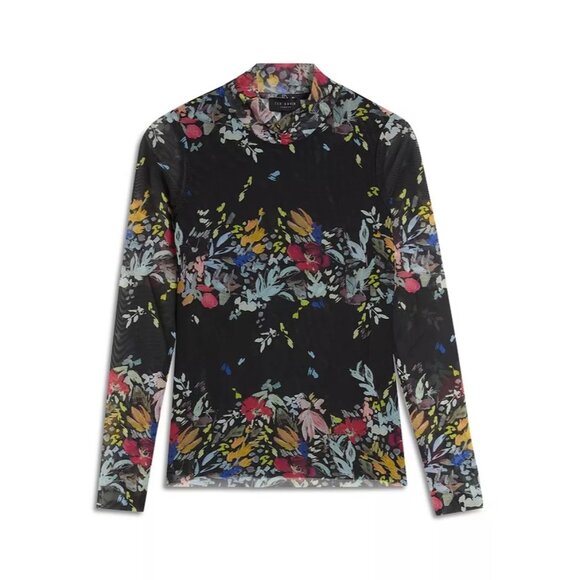 Ted Baker Amanda Black Floral Mesh Top Funnel Neck Long Sleeve Sz XS Maximalism - Picture 1 of 7